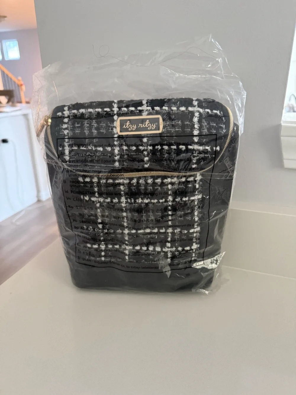 Itzy Ritzy Black & White Tweed Men’s Backpack with Gold Accents
